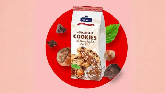 biscoito cookies com recheio de chocolate e creme de avelã da marca merba vendido no sam’s club