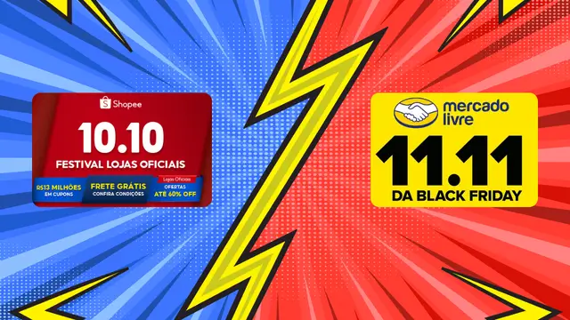 propagandas dos marketplaces Shopee e Mercado Livre em um fundo de combate